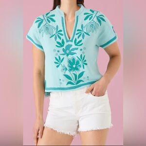 Alivia Aqua Floral Embroidered Women's Blouse, NWOT